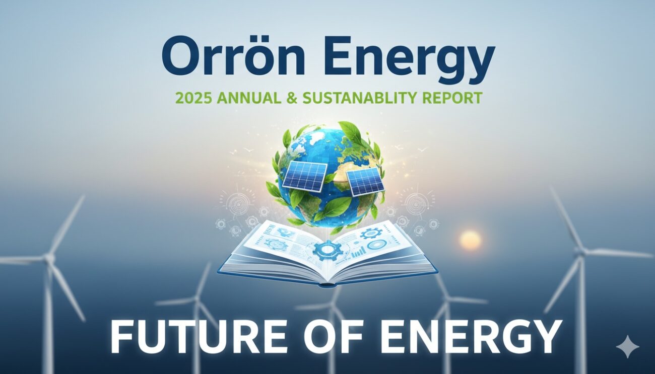 Orrön Energy logo with wind turbines and solar panels in a European landscape representing renewable energy transition