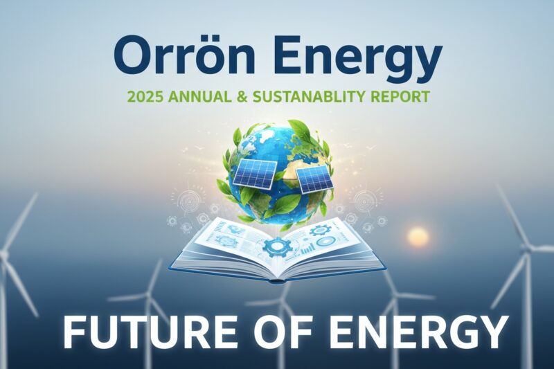 Orrön Energy logo with wind turbines and solar panels in a European landscape representing renewable energy transition