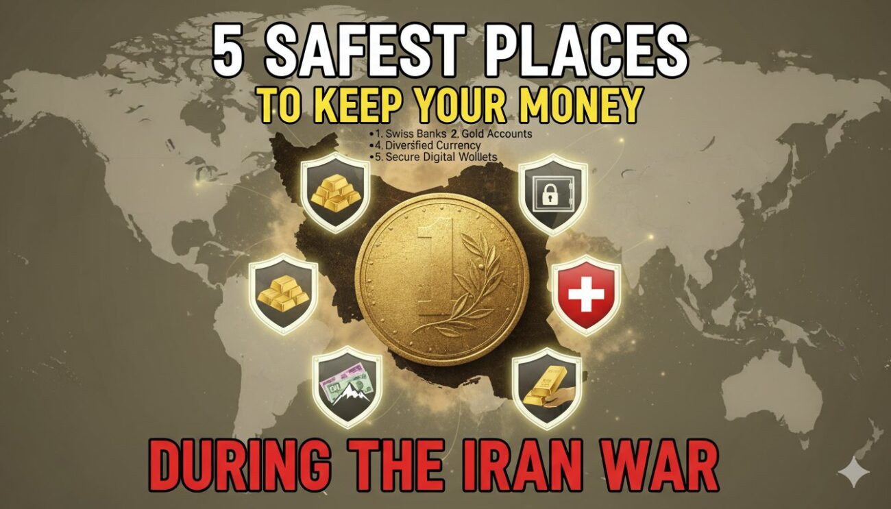 A secure vault door with U.S. Treasury bonds, gold bars, and FDIC-insured bank symbols representing safe money storage during geopolitical uncertainty.