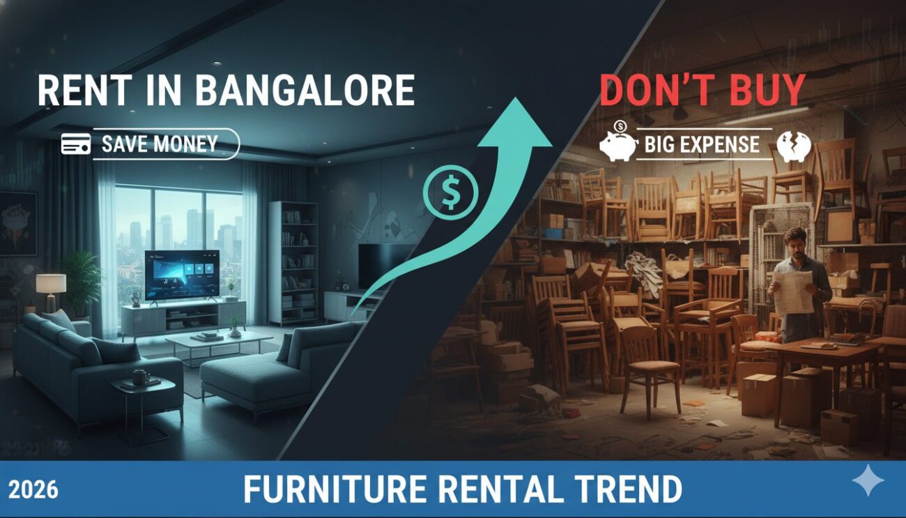 Modern furnished apartment living room in Bangalore with rented stylish sofa and coffee table setup for urban professionals in 2026