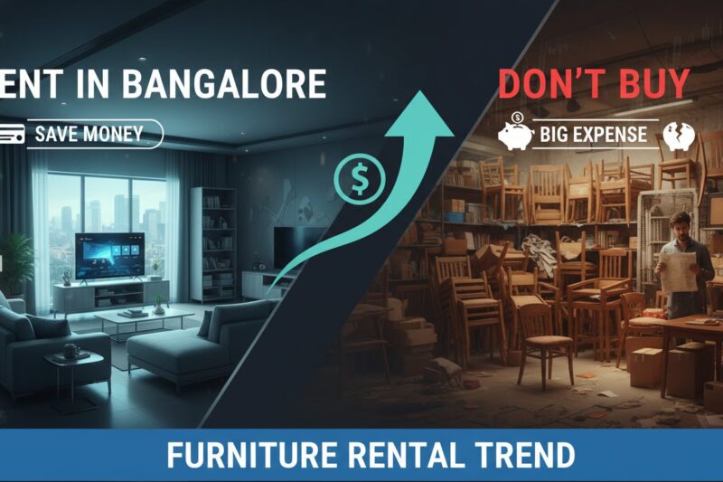 Modern furnished apartment living room in Bangalore with rented stylish sofa and coffee table setup for urban professionals in 2026