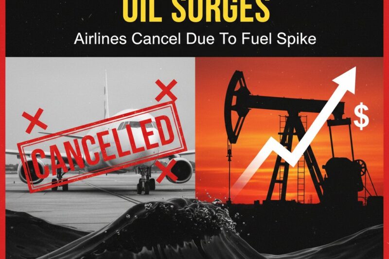 Alt Text for featured image : Commercial airplane taking off at sunset with rising oil price charts overlaid, symbolizing airline flight cancellations due to surging fuel costs.