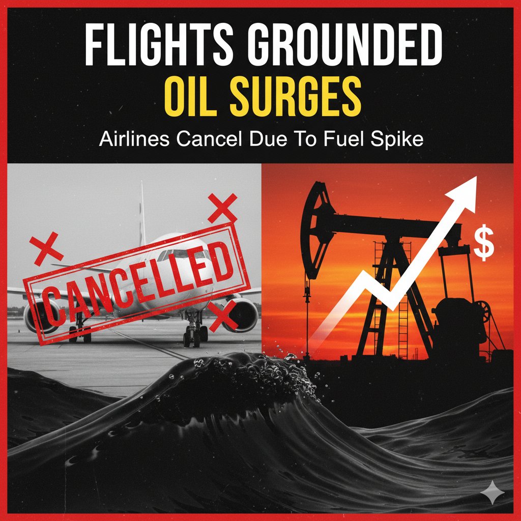 Alt Text for featured image : Commercial airplane taking off at sunset with rising oil price charts overlaid, symbolizing airline flight cancellations due to surging fuel costs.