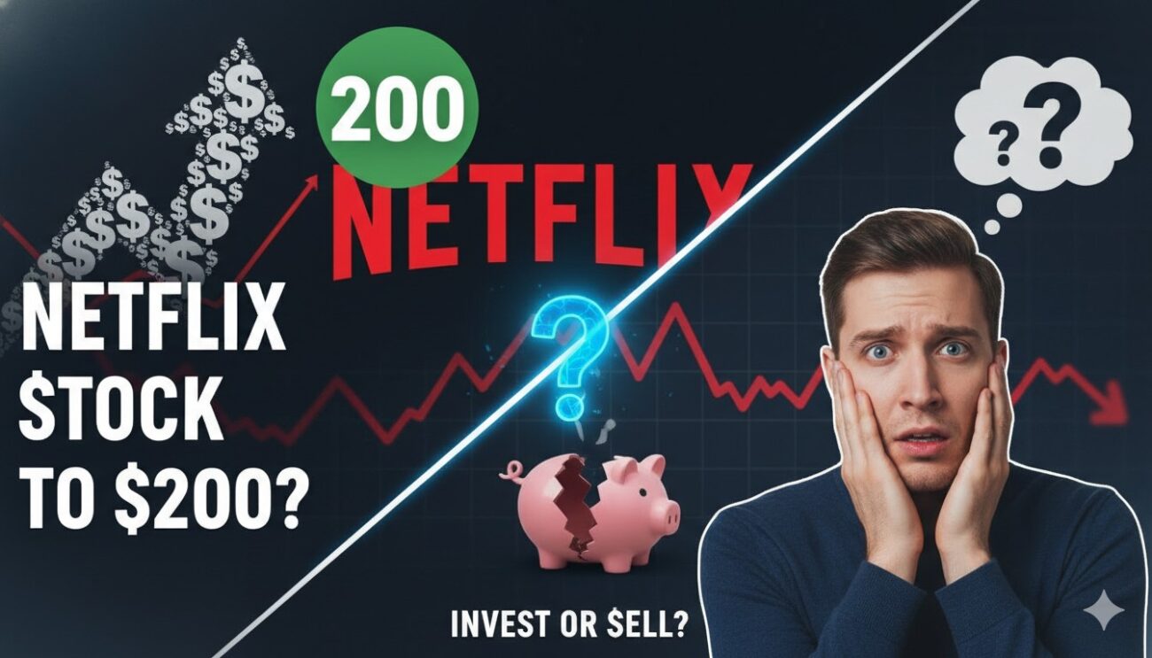 Alt Text for featured image : Netflix logo on a stock chart background showing price trends and analysis for potential $200 target