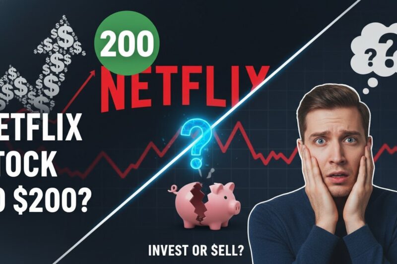 Alt Text for featured image : Netflix logo on a stock chart background showing price trends and analysis for potential $200 target