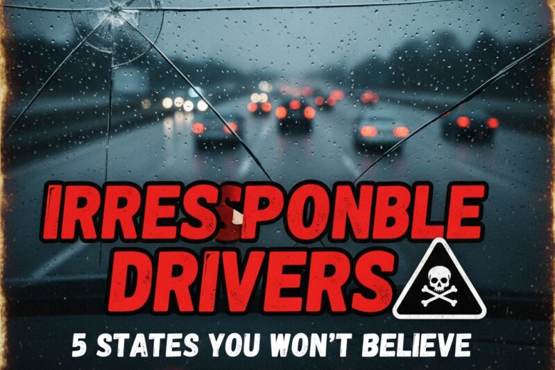 Map of the United States highlighting the top 5 states with the most irresponsible drivers, including North Dakota, New Jersey, Utah, Rhode Island, and Washington, with warning icons on roads.