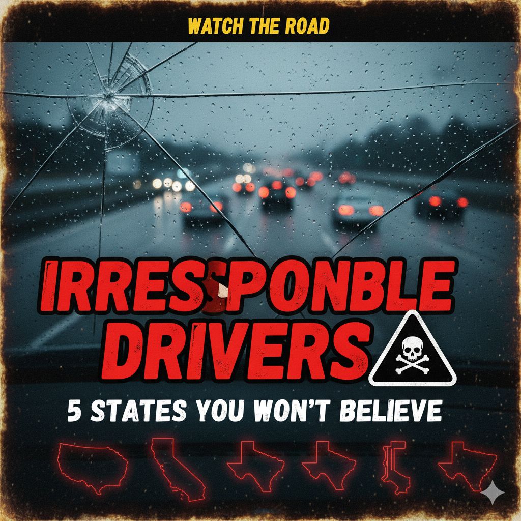 Map of the United States highlighting the top 5 states with the most irresponsible drivers, including North Dakota, New Jersey, Utah, Rhode Island, and Washington, with warning icons on roads.